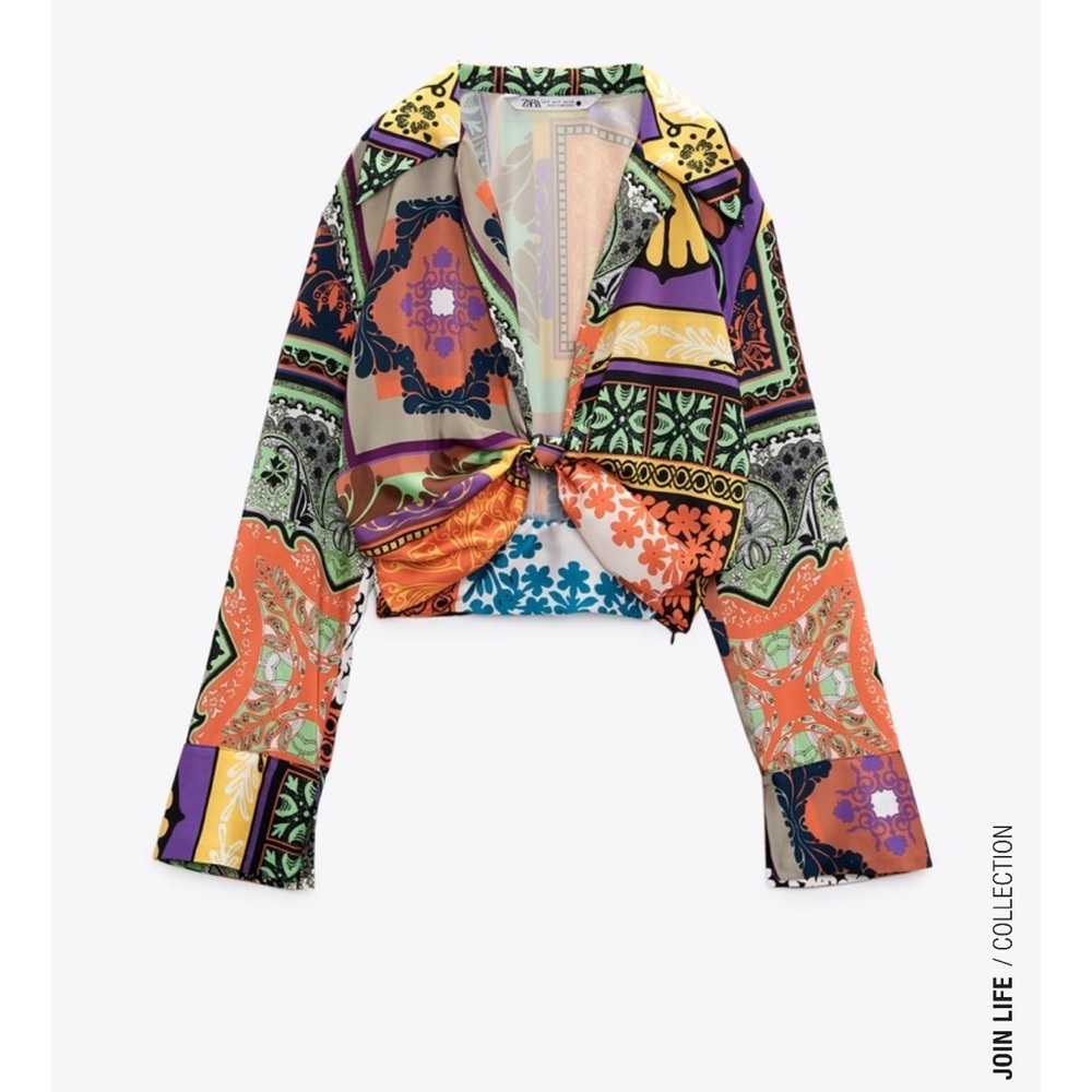 Zara Multicolor Patchwork Print Cropped Blouse — Orange, Purple, Green, Blue